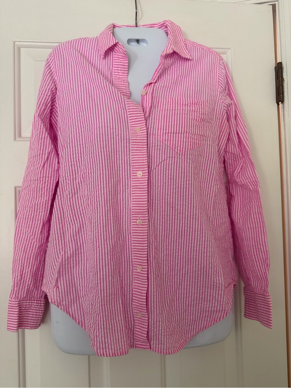 J.Crew Classic Pink White Seersucker Stripe Button Front Shirt 100% Cotton XS
